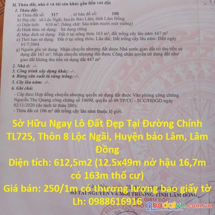 Sở hữu ngay lô đất đẹp tại đường chính tl725, thôn 8 lộc ngãi, huyện bảo lâm, lâm đồng
