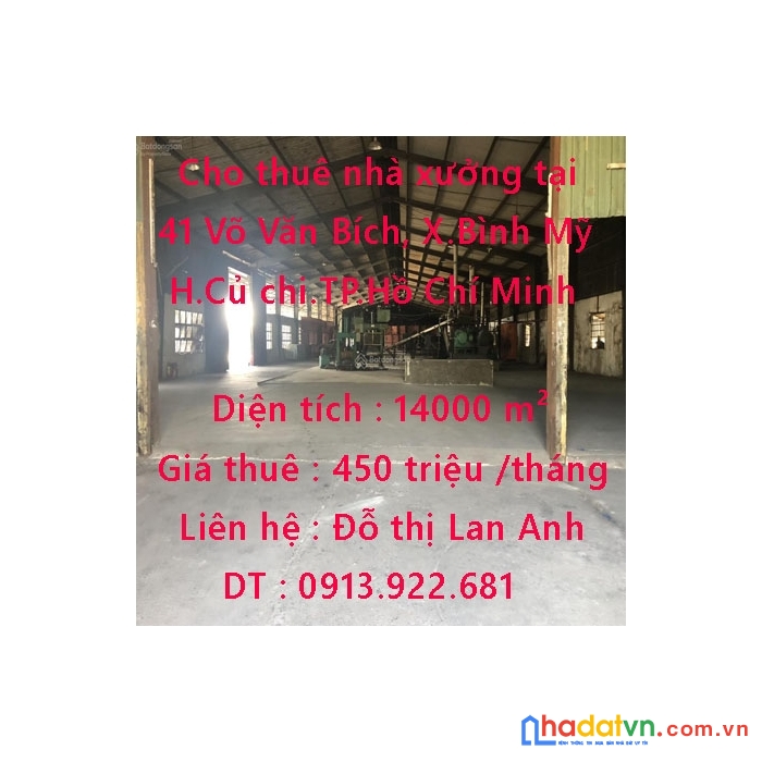 Cho thuê nhà xưởng tại 41 võ văn bích, xã bình mỹ, củ chi