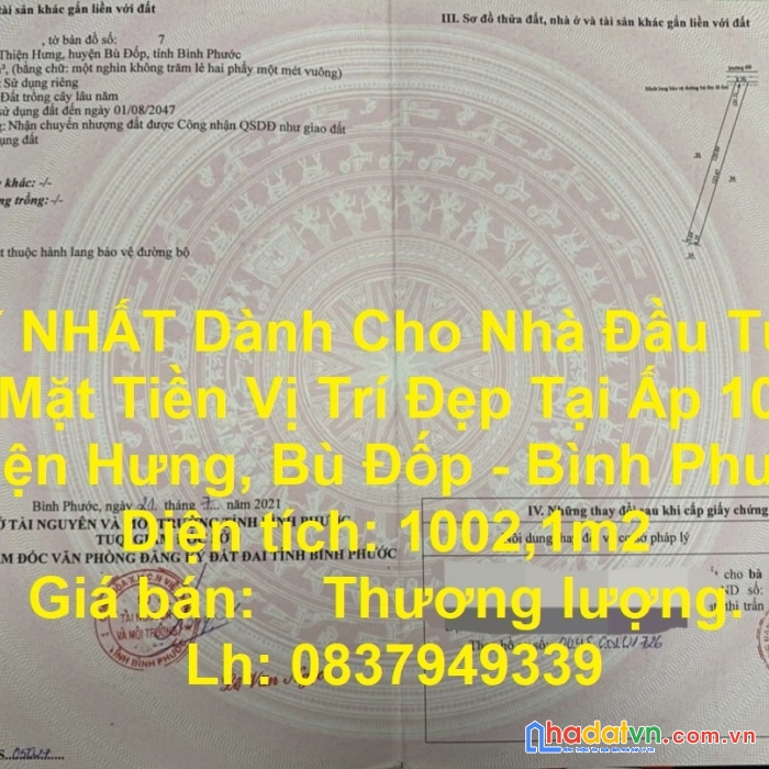 Duy nhất dành cho nhà đầu tư lô đất mặt tiền vị trí đẹp tại ấp 10, xã thiện hưng, bù đốp - bình