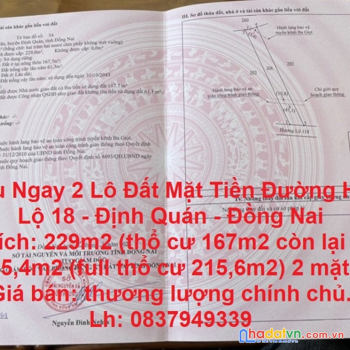 Sở hữu ngay 2 lô đất mặt tiền đường hương lộ 18 - định quán - đồng nai