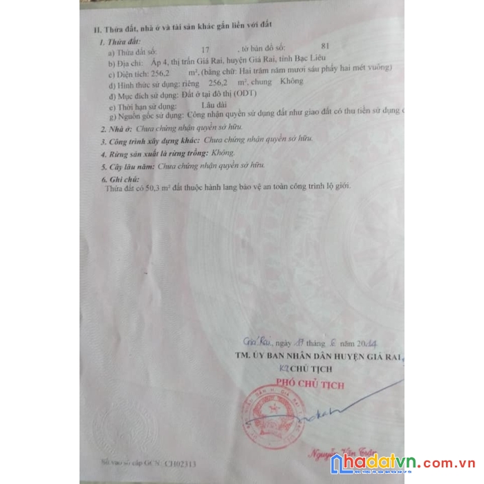 Chính chủ cần bán đất thổ cư vị trí đẹp tại tt giá rai, bạc liêu