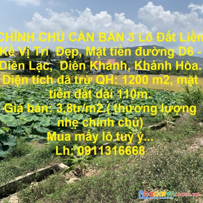 Chính chủ cần bán 3 lô đất liền kề vị trí  đẹp, mặt tiền đường d6 - diên lạc,  diên khánh, khánh