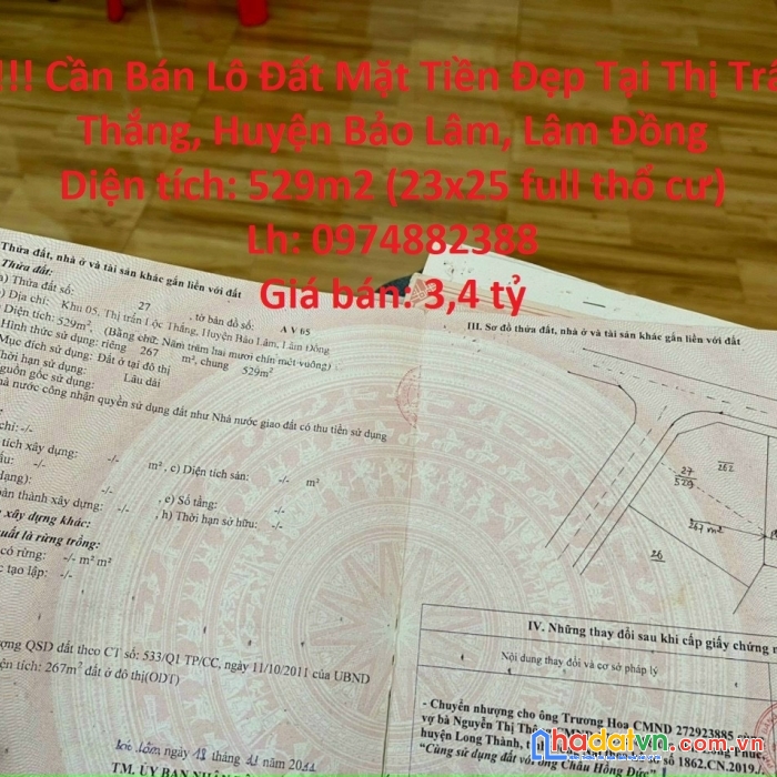 Hot !!! cần bán lô đất mặt tiền đẹp tại thị trấn lộc thắng, huyện bảo lâm, lâm đồng