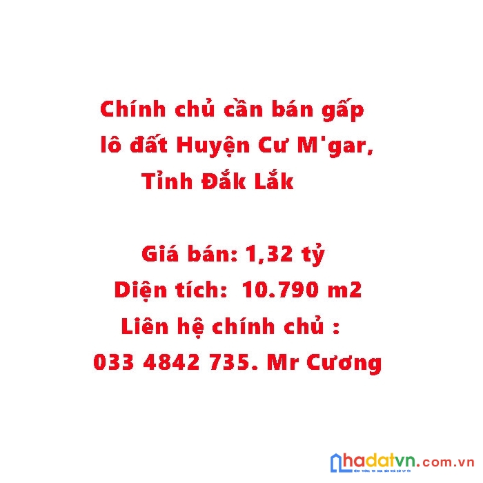 Chính chủ cần bán gấp lô đất huyện cư m'gar, tỉnh đắk lắk