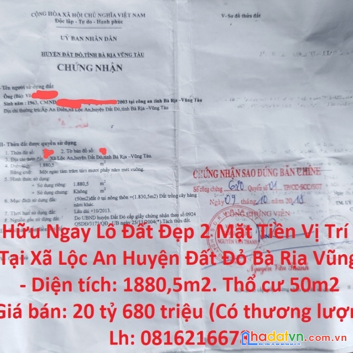 Sở hữu ngay lô đất đẹp 2 mặt tiền vị trí đắc địa tại xã lộc an huyện đất đỏ bà rịa vũng tàu