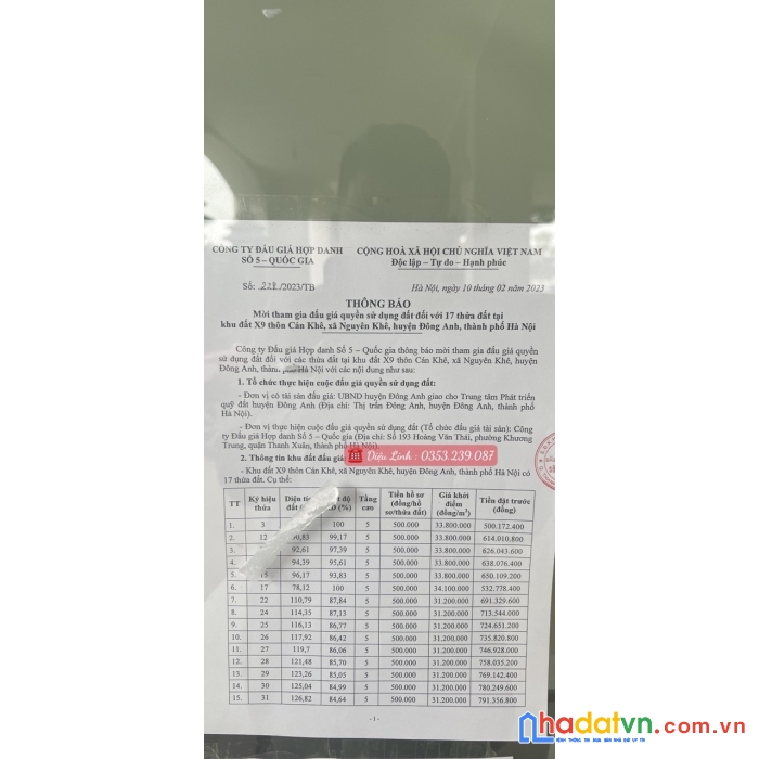 Bán đất đấu giá x9 cán khê nguyên khê đông anh  giá rẻ nhất thị trường