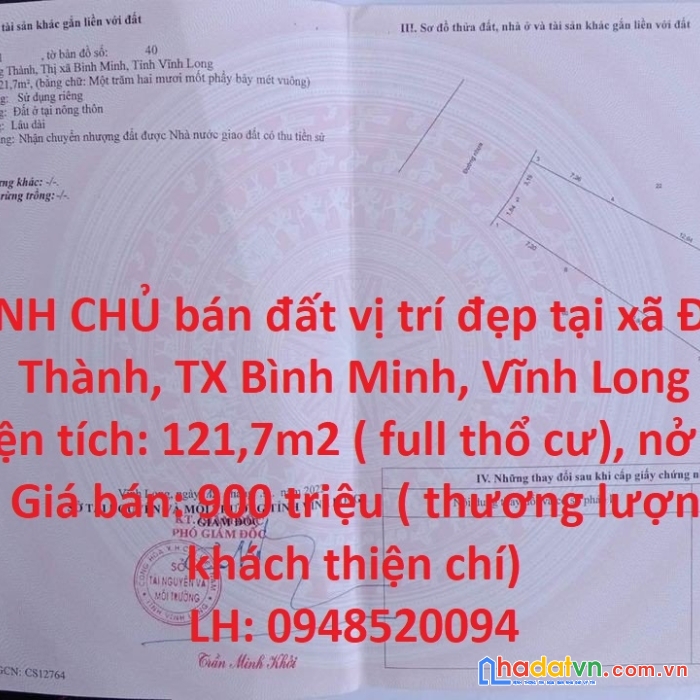 Chính chủ bán đất vị trí đẹp tại xã đông thành, tx bình minh, vĩnh long
