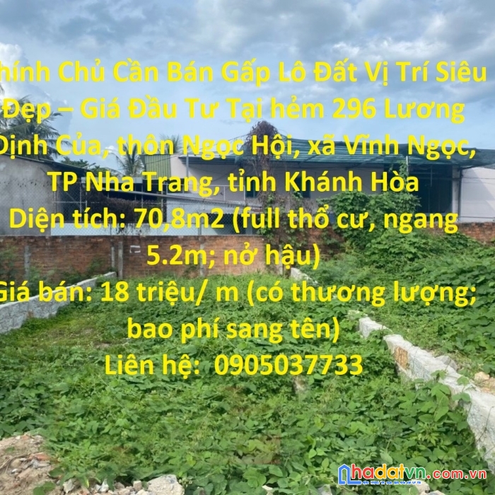 Chính chủ cần bán gấp lô đất vị trí siêu đẹp – giá đầu tư tại nha trang