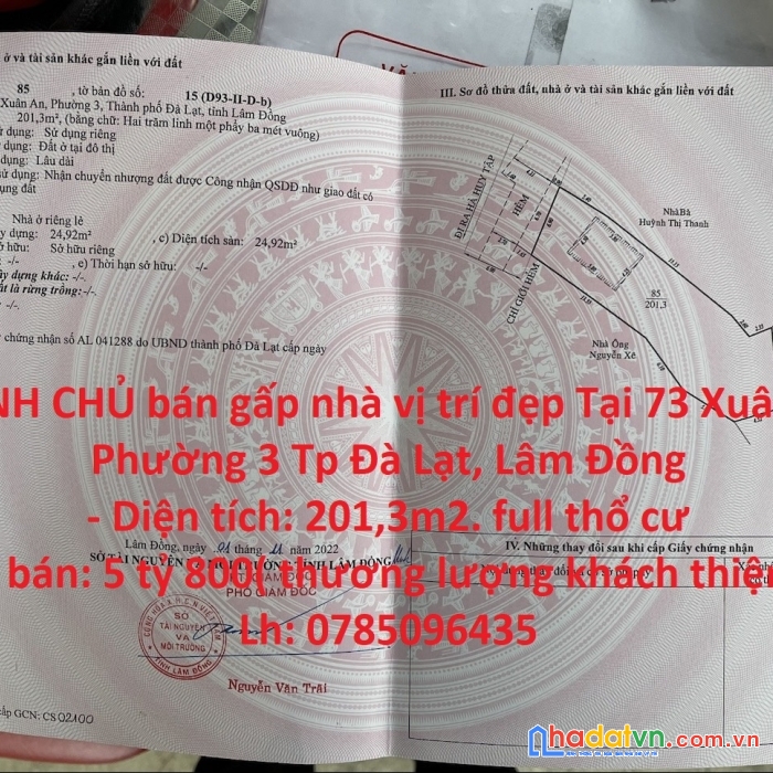 Chính chủ bán gấp nhà vị trí đẹp tại 73 xuân an phường 3 tp đà lạt, lâm đồng