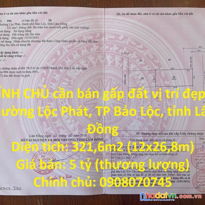 Chính chủ cần bán gấp đất vị trí đẹp tại phường lộc phát, tp bảo lộc, tỉnh lâm đồng