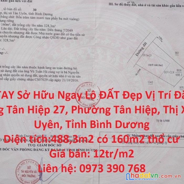 Nhanh tay sở hữu ngay lô đất đẹp vị trí đắc địa tại tân hiệp,tân uyên