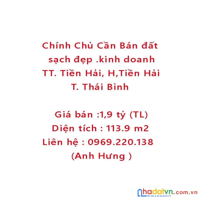 Chính chủ cần bán đất sạch đẹp .kinh doanh buôn bá sầm uất nguyễn công trứ,thị trấn tiền hải, t.