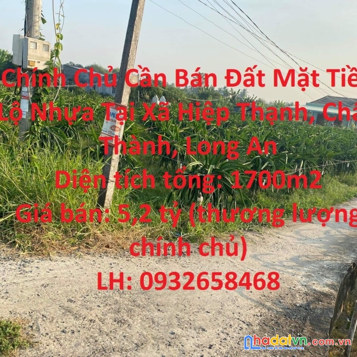 Chính chủ cần bán đất mặt tiền lộ nhựa tại xã hiệp thạnh, châu thành, long an