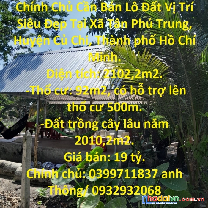 Chính chủ cần bán lô đất vị trí siêu đẹp tại xã tân phú trung, huyện củ chi, thành phố hồ chí minh.