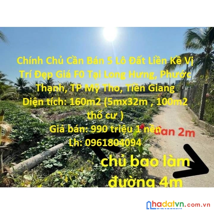Chính chủ cần bán 5 lô đất liền kề vị trí đẹp giá f0 tại tp mỹ tho - tiền giang