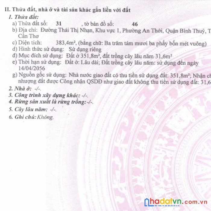 Chính chủ cần bán lô đất vị trí đẹp tại hẻm 26, thái thị nhạn, an thới, bình thủy, cần thơ