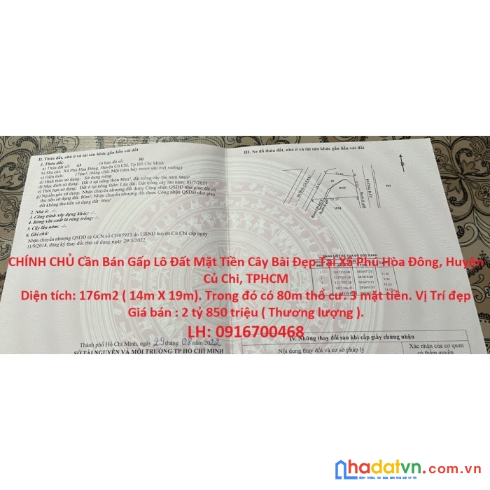 Chính chủ cần bán gấp lô đất mặt tiền cây bài đẹp tại  huyện củ chi, tp hcm