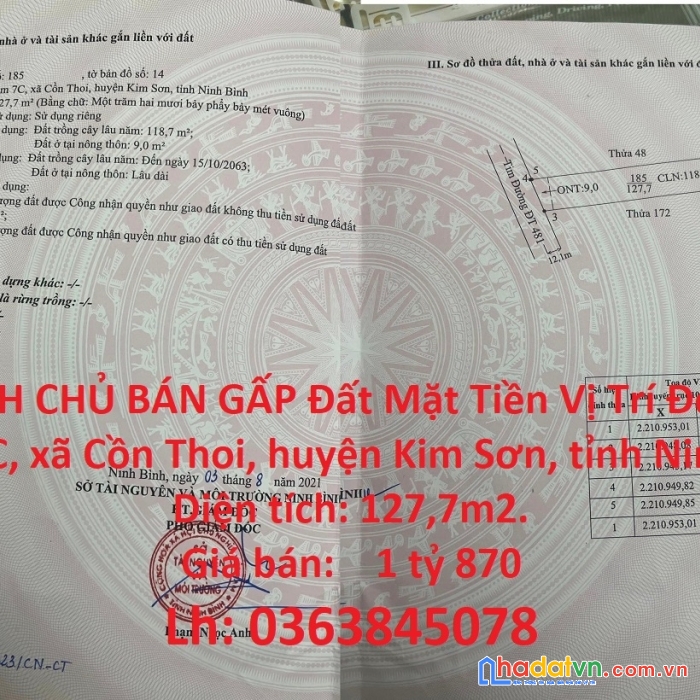 Chính chủ bán gấp đất mặt tiền vị trí đẹp tại kim sơn - ninh bình