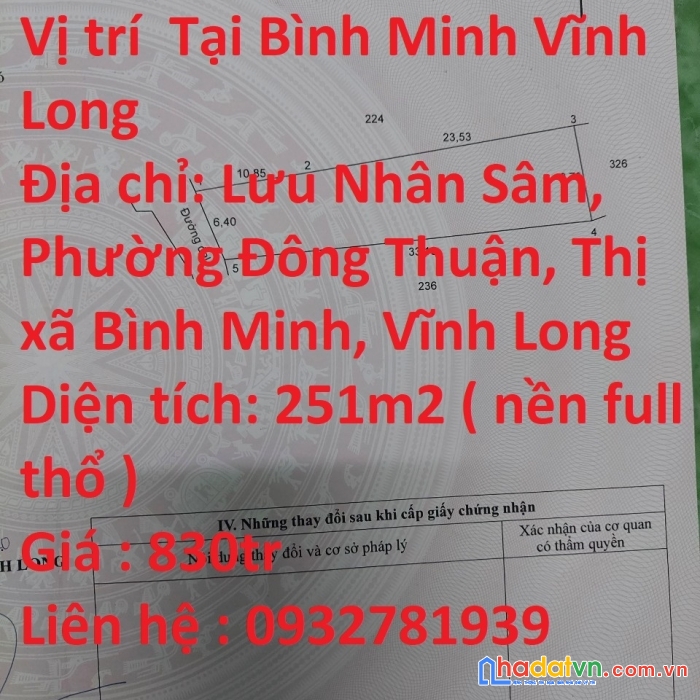 Chính chủ cần bán lô đất vị trí tại bình minh vĩnh long