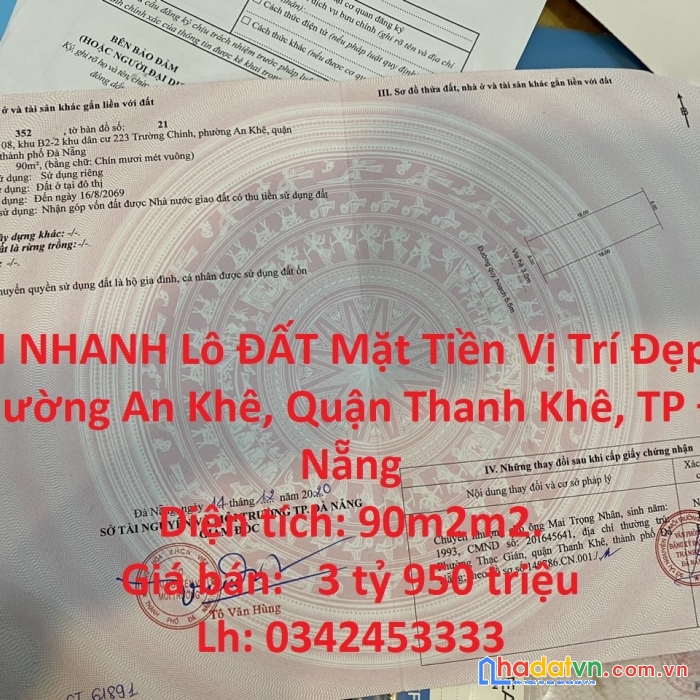 Bán nhanh lô đất mặt tiền vị trí đẹp tại phường an khê, quận thanh khê, tp đà nẵng