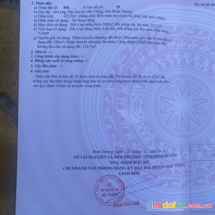 Chính chủ cần bán lô đất vị trí đẹp- giá đầu tư tại long tân, dầu tiếng