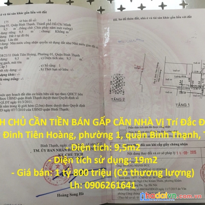 Chính chủ cần tiền bán gấp căn nhà vị trí đắc địa tại quận bình thạnh, tphcm