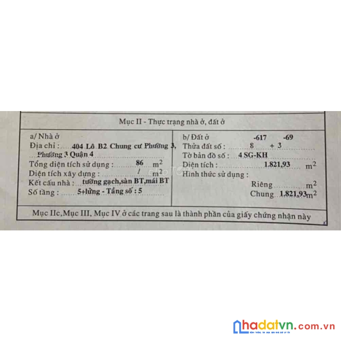 Cần bán chung cư phường 3,  quận 4, tp hồ chí minh