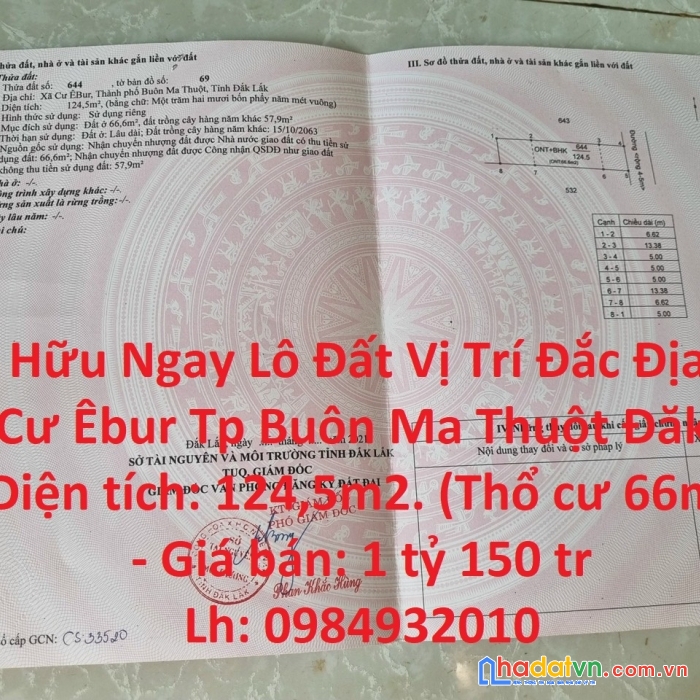 Sở hữu ngay lô đất vị trí đắc địa tại xã cư êbur tp buôn ma thuột đăk lăk