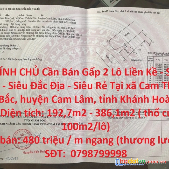 Chính chủ cần bán gấp 2 lô liền kề - siêu đẹp - siêu đắc địa - siêu rẻ tại cam lâm