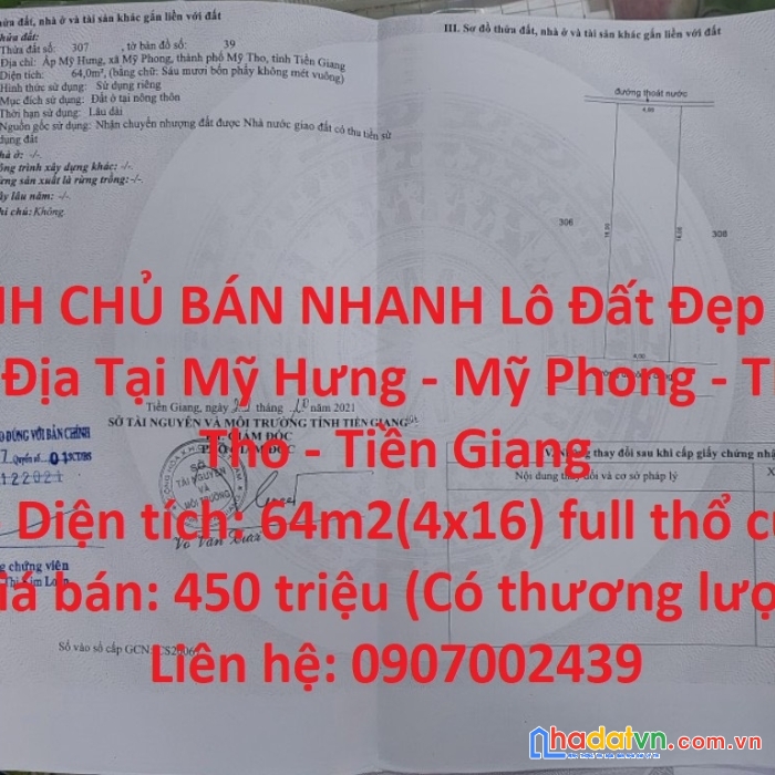 Chính chủ bán nhanh lô đất đẹp vị trí đắc địa tại mỹ hưng - mỹ phong - tp mỹ tho - tiền giang