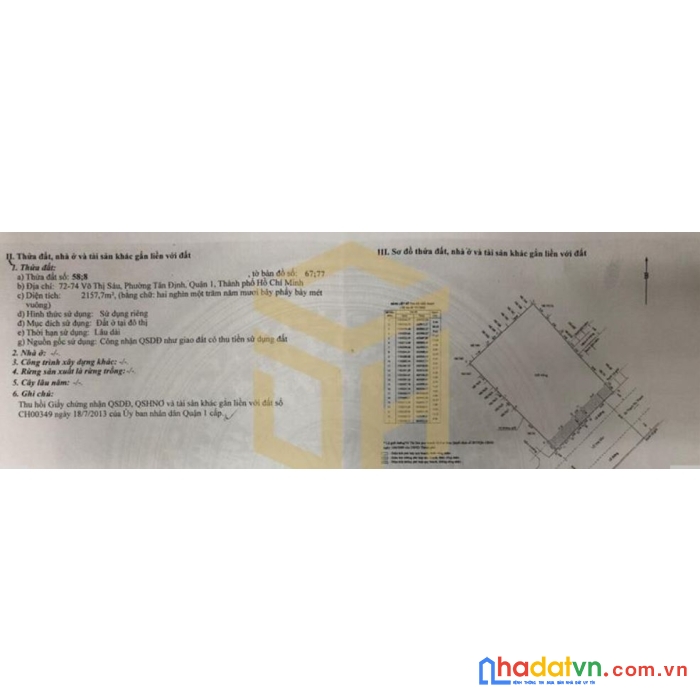 Bán khuôn đất mặt tiền 72-74 võ thị sáu, quận 1 : 38m2*56m2 giấy phép 25 tầng