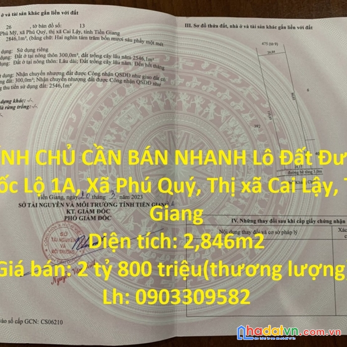 Chính chủ cần bán nhanh lô đất đường quốc lộ 1a, xã phú quý, thị xã cai lậy, tiền giang