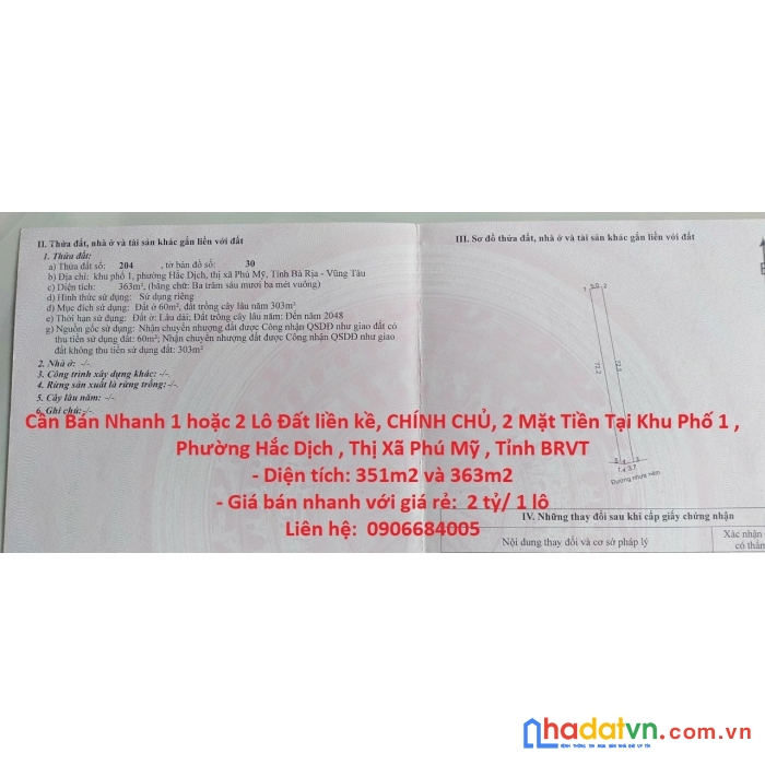 Cần bán nhanh 1 hoặc 2 lô đất liền kề, chính chủ, 2 mặt tiền tại tx phú mỹ - brvt