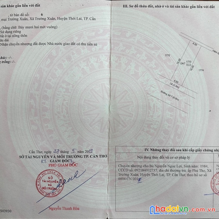 Chính chủ cần bán nền chợ trường xuân, huyện thới lai, cần thơ, diện tích 72m2 (4,5x16),a khôi