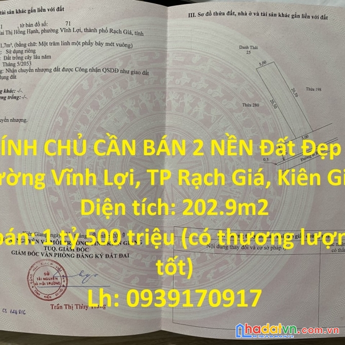 Chính chủ cần bán 2 nền đất đẹp tại  phường vĩnh lợi, tp rạch giá, kiên giang