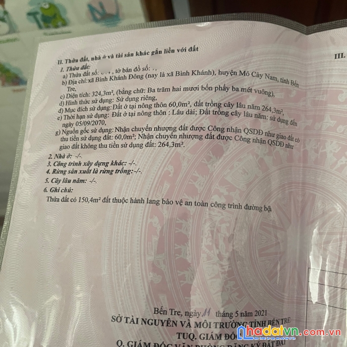 Chính chủ bán lô đất vị trí đẹp tại đường đh22 - bình khánh - mỏ cày nam - bến tre