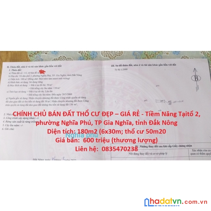 Chính chủ bán đất thổ cư đẹp – giá rẻ - tiềm năng tại gia nghĩa