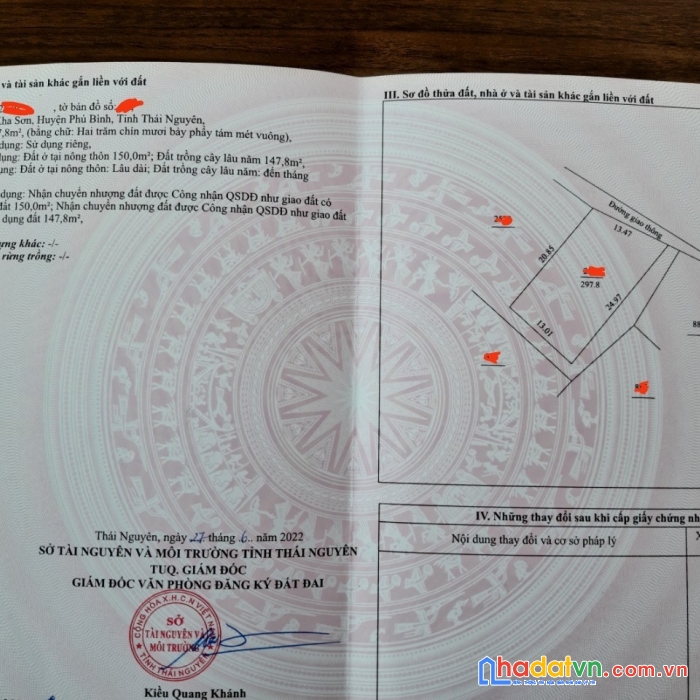 Chính chủ cần bán lô đất diện tích 300 m2 140 tc  3 mặt tiền vuông vắn tại kha sơn phú bình tn tới