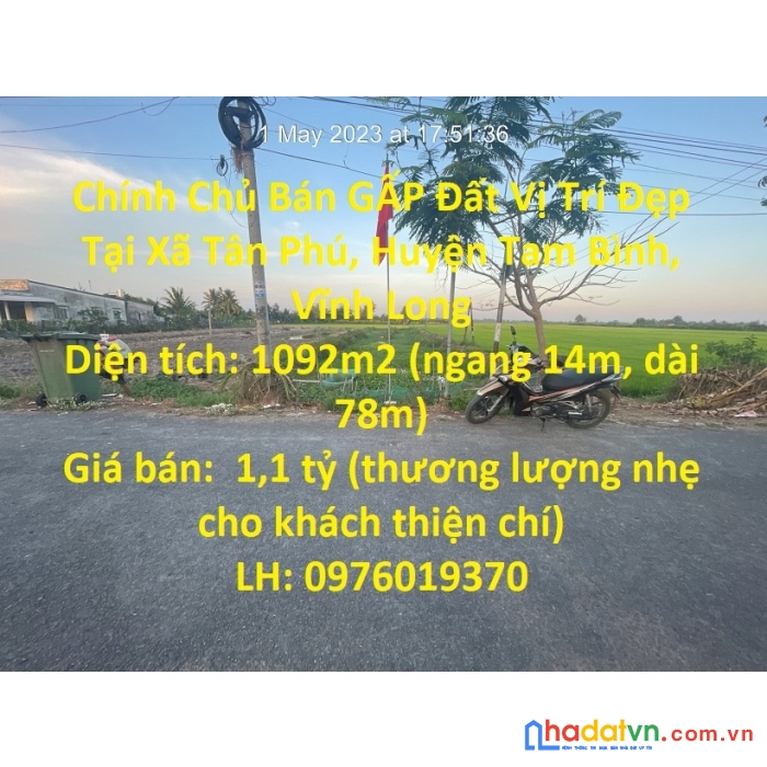 Chính chủ bán gấp đất vị trí đẹp tại xã tân phú, huyện tam bình, vĩnh long