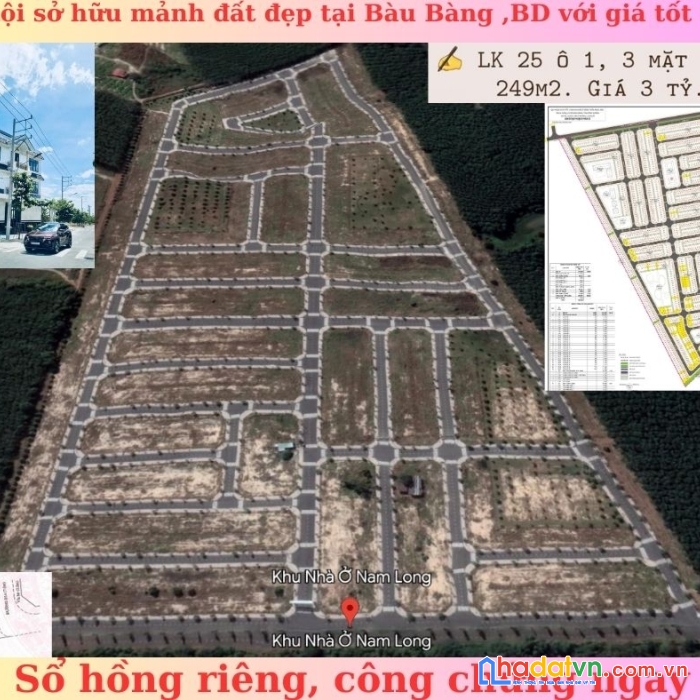 Chính chủ bán lô góc 3 mặt tiền 249m2 - tthc bàu bàng, bd - giá 3 tỷ