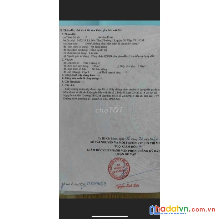 Bán nhà chính chủ hẻm 1472/14 lê đức thọ.phường 13.gò vấp - 106 m2 chỉ 6 tỷ