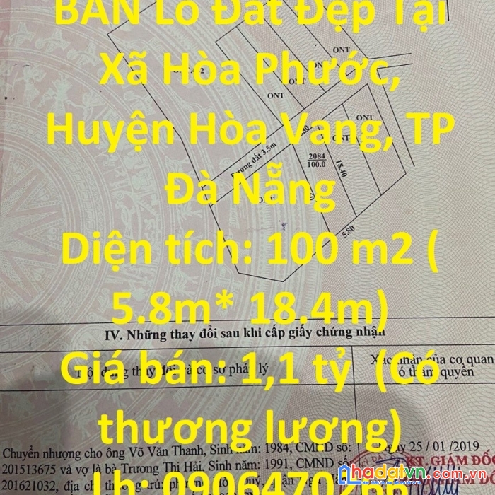 Chính chủ cần bán lô đất đẹp tại xã hòa phước, huyện hòa vang, tp đà nẵng