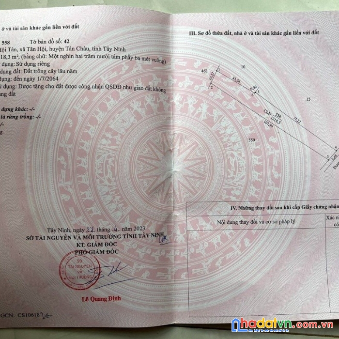 Chính chủ cần tiền gấp bán gấp lô đất thổ cư, đã có sổ 1218,3m2