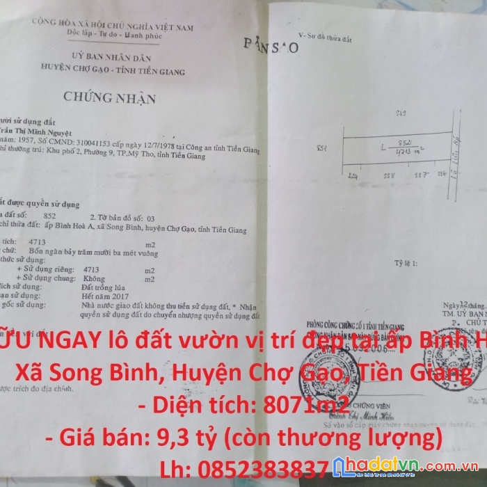 Sở hữu ngay lô đất vườn vị trí đẹp tại huyện chợ gạo - giá cực ưu đãi