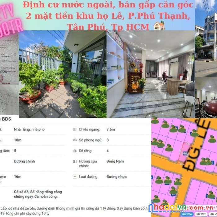 Định cư nước ngoài, bán gấp căn góc 2 mặt tiền khu họ lê, p.phú thạnh, tân phú, tp.hcm
