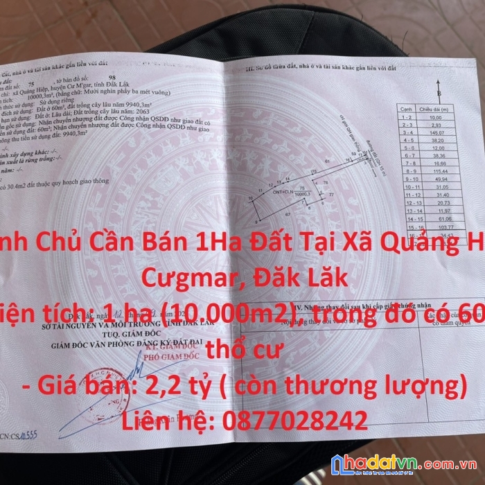 Chính chủ cần bán 1ha đất tại xã quảng hiệp, cưgmar, đăk lăk