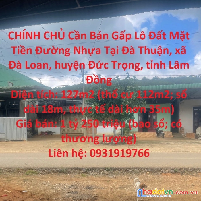 Chính chủ cần bán gấp lô đất mặt tiền đường nhựa tại đà loan, đức trọng