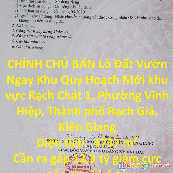 Chính chủ bán lô đất vườn ngay khu quy hoạch mới vị trí đẹp tại tp rạch giá