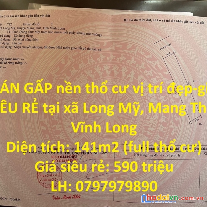 Bán gấp nền thổ cư vị trí đẹp-giá siêu rẻ tại xã long mỹ, mang thít, vĩnh long