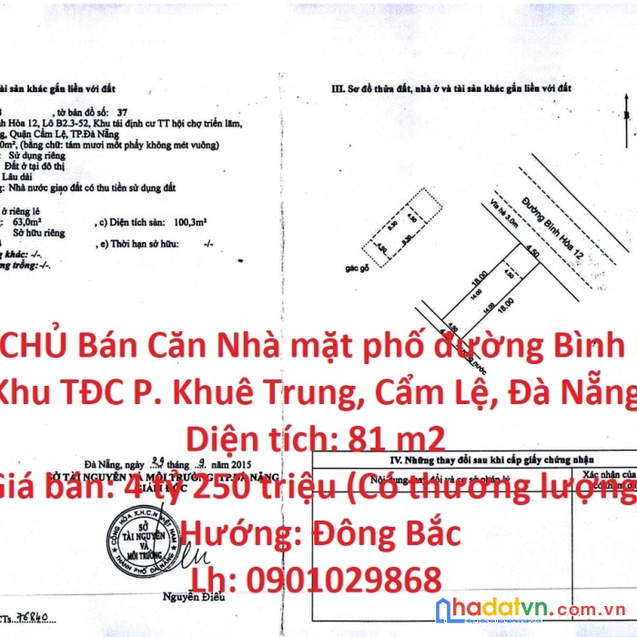 Chính chủ bán căn nhà mặt phố đường bình hòa 12 khu tđc p. khuê trung, cẩm lệ, đà nẵng